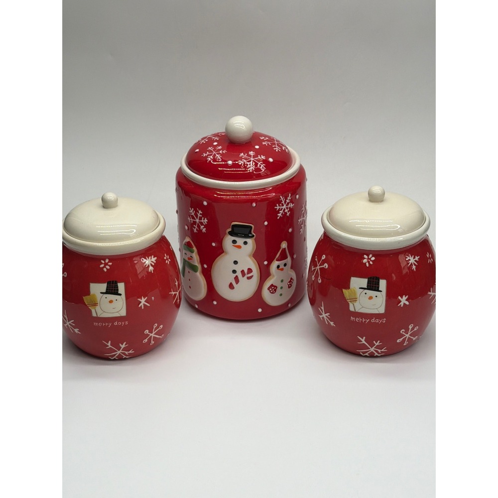 Hallmark Merry Days Red Snowman Ceramic Canister Set 3 Piece Christmas Kitchen‎